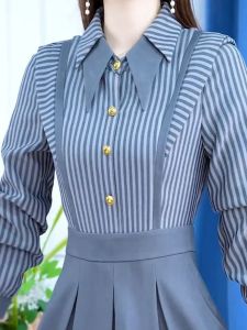 ชุดเดรสยาวแขนยาวสไตล์เกาหลีฤดูใบไม้ร่วงปี 2025 สำหรับผู้หญิง ทรงเข้ารูป ลายทาง กระโปรงทรงเอ ชุดสองชิ้นปลอม