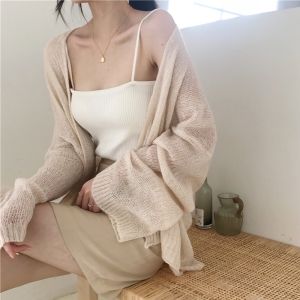 PM✿ Korean Style Knitted Cardigan Womens Loose Long-sleeved Sun Protection Coat Bikini Cover Up