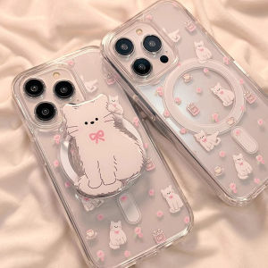 Korean Cute Cat Magnetic Wireless Charge Phone Case with Magsafe Holder for iPhone 16 11 15 14 13 12 Pro Max 7Plus 8 Plus Soft Silicone Clear Cover