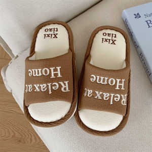 น่ารัก รองเท้าแตะผ้าลินินคู่รักในร่ม กันลื่น ดูดซับเหงื่อผู้ชายผู้หญิงแถบละเอียดทุกฤดูกาล สไตล์เกาหลี รองเท้าชั้นในบ้าน