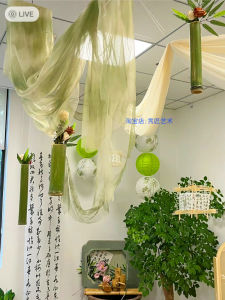 พื้นผิวตกแต่งแบบจีนโบราณสำหรับโรงเรียนอนุบาล ผ้าคลุมแบบม่านลายไผ่ ตกแต่งฤดูใบไม้ผลิ สไตล์ป่า วัสดุติดผนังแบบแขวน