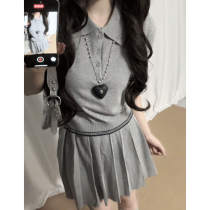 Gray Polo Neck Knitted Shirt Womens Summer New Style Korean Small Size Short Sleeve T-Shirt Top Slimming Effect Quality
