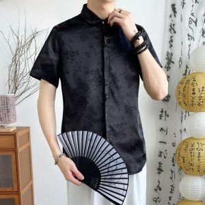 HENGYUANXIANG | เสื้อเชิ้ตคอตั้งชายสไตล์จีนใหม่ ผ้าไหมน้ำแข็ง แขนสั้น แฟชั่นฤดูร้อน ผ้าฝ้ายผสมโพลีเอสเตอร์ ลายดอกไม้ ทรงหลวม