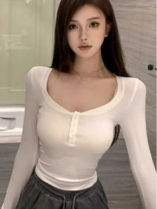 Áo Thun Nữ Cổ Chữ U Lớn Hở Xương Đòn Dáng Ôm Dài Tay Mùa Xuân Thu Phong Cách Hàn Quốc Áo Lót Thường Ngày Chất Liệu Cotton