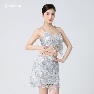 Qsuccua เลื่อมพู่ชุดเต้นรำเต้นรำประสิทธิภาพชุดพู่กระโปรงเทศกาลการแสดงบนเวทีชุดชุดเต้นรำละติน