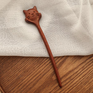 New Chinese Style Cat Hairpin Cute Little Cat Sandalwood U-Shaped Double Hairpin Retro Style Women Simple Modern Chignon Hairpin Headwear