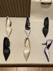 Spring 2024 Sharp Toe French Style Shiny Diamond High Heels Womens Black Side Open Work Commuting Shoes Fashionable Casual Loafers