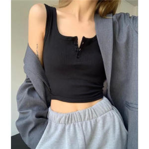 เสื้อกล้ามแขนสั้นผู้หญิงขนาดบวก 300 กก. ดีไซน์ไม่มีแขนเสื้อฐานถักที่ไม่ซ้ําใครพร้อมสไตล์ปุ่มสําหรับทํางาน