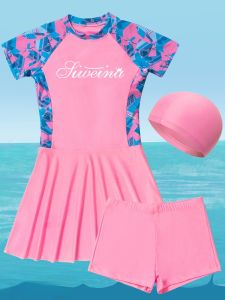 Girls Swimsuit Dress Quick Dry Separate Childrens Swimming Costume Cute Design Polyester And Spandex Mix Fabric for Kids