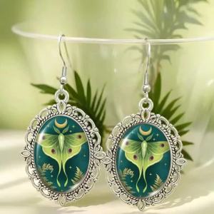 Vintage Luna Moth Glass Drop Earrings Celestial Moon Oval Jewelry For Women Girls Gothic Nature Lover Gifts Bohemian Accessories