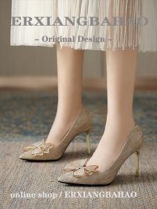 รองเท้าส้นสูงสีทองสำหรับผู้หญิง สายรัดโบว์สไตล์ฝรั่งเศส รองเท้าส้นเตี้ยสำหรับใส่ไปงานปาร์ตี้ รองเท้าส้นเตี้ยแบบสวมหัวแหลม