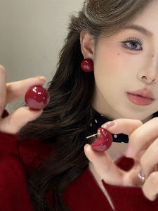 Wine Red Pearl Round Stud Earrings S925 Silver