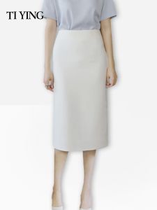 High Waist Midi Length Commute OL Style Half Skirt for Women in White Color Slimming Design with Inner Lining Polyester Fiber