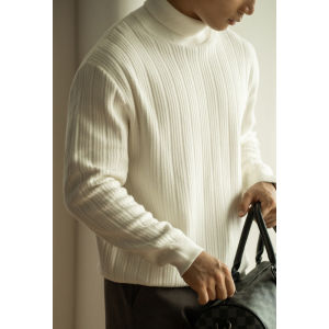 UBV | Thermal Warm 14-needle Ripple Texture Small-Collar Knitwear White
