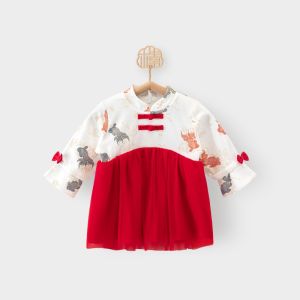 Fleece Lined Hanfu Style Girls Dress Baby Girl Warmth Winter Cotton Floral Print A-Line Skirt Chinese Traditional Princess Dress