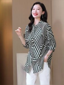 LUXURY Queen 2023 Silk Crepe Double Shirt Womens Summer Mid Length 19m Striped Mulberry Silk Shirt with 3/4 Sleeves Top