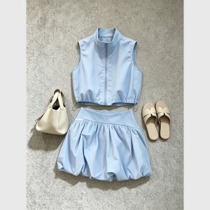 Elegant Stylish Blue Vest and Skirt Set
