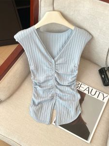 สลิมฟิต คอวี เสื้อยืดแขนพับ ผู้หญิง ถัก ฤดูร้อน แฟชั่น มีเข็มขัด เอว ยาว พรางหุ่น Effect เสื้อท่อนบน แจ๊กเก็ต