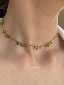 Zuoran Olive Green Waterdrop Rhinestone Necklace Womens Elegant Cleanfit Titanium Steel Single Layer Fashion Jewelry
