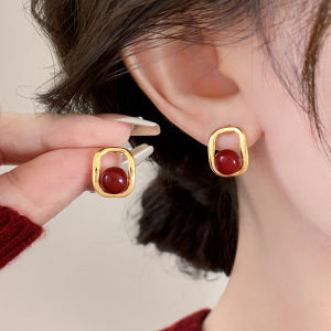 Geometric Square Red Pearl Earrings S925 Silver