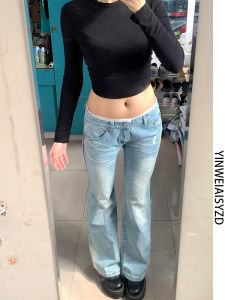 กางเกงยีนส์ทรงขาบานเอวต่ำผ้าลูกไม้สไตล์สตรีทสำหรับผู้หญิง กางเกงขายาวทรงขาบานสีน้ำเงินอ่อน ฤดูใบไม้ผลิและฤดูร้อน
