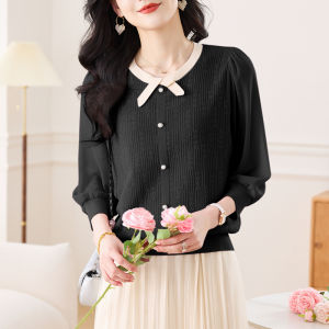 เสื้อยืดแขนสั้นผ้าไหมไหมน้ำแข็งบางสำหรับผู้หญิงในฤดูร้อน เสื้อไหมน้ำแข็งถักแบบแขนยาว 7 ส่วน ผ้าชีฟองผสมกับกระโปรง เสื้อตัวบน