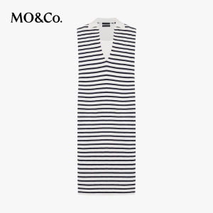 MOCO Light Weight Linen Cotton Blend Striped Nautical Style Dress Sleeveless Loose Waist Printed Summer Womens Dress