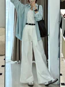 Retro American Thin Denim Jeans Women Summer White Loose High Waist Long Pants Draping Straight Leg Trendy Jeans