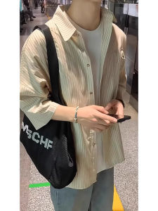 Khaki Stripes Japanese Style Shirt Mens Cleanfit Thin Jacket for Summer May Day Travel Wear Short Sleeve Shirt