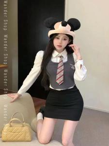 Korean Style Preppy Style JK Uniform Suit Womens Autumn School Uniform Polo Collar Shirt Knitting Cardigan Hip Skirt Three-Piece Suit