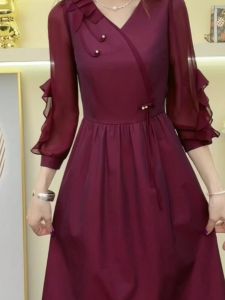 Elegant Long Sleeve Womens Dress Luxury Wedding Gown for Mother-In-Law Early Autumn New Arrival High-End Korean Style V-Neck A-Line Skirt