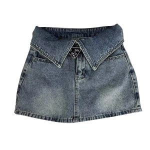 2024 summer Korean style niche design slimming high waist cuffed denim short skirt for women anti-exposure A-line hip skirt
