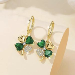 good 999 S925 18K gold  Korean Green four leaf grass crystal temperament ear clasp long Earrings ES6270