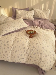 (SG Seller)2025 Cotton Knit 4-Piece Bedding Set Soft Double Gauze Fabric with Floral Design INS Style Twin Bedding for Student Dorm or Home