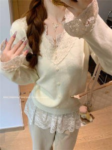 Chinese Style Lace Splice V-Neck Knitted Sweater Womens Base Shirt Autumn Winter High-End Feeling Organic Cotton Commute Style