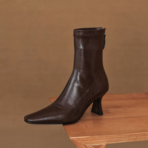 A.D Hepburn High-End ยืดได้ พรางหุ่น รองเท้าบูท นิ้วเท้ายาว สีขาว หนัง รองเท้าส้นสูง ทันสมัย รองเท้าบูทสั้น สไตล์เกาหลี ฤดูหนาว รองเท้าบูท