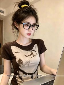 Slimming Unique Cat Print Coffee Brown Short Sleeve T-Shirt