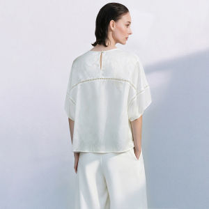 AMII | Guofeng Round Neck Hollow Out Lace Tape Patchwork Bat Sleeve Jacquard Chiffon Top