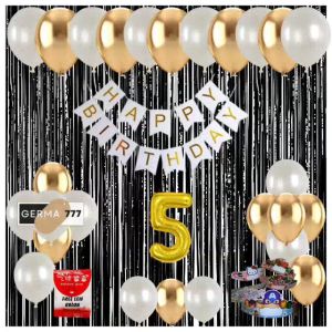 Paket Dekorasi Pesta Ulang Tahun Anak: Banner Happy Birthday & Balon Putih Gold