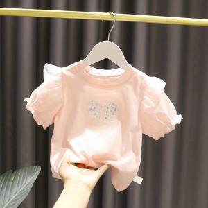 Baby Girls Short Sleeve T-Shirt with Bow Knot Base Shirt Summer New Style Childrens All-Match round Neck Cotton Top for Kids