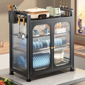 RORO ตู้เก็บจาน 3 ชั้น การกระจายจานสแตนเลสกันฝุ่น ความจุขนาดใหญ่ คุณประทับสูง ตู้เก็บจานชาม