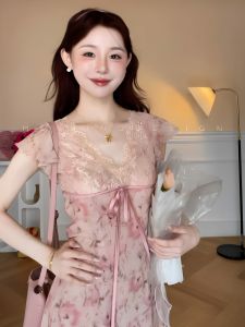 ZHENMANZI | French Sweet Lace V-neck Summer New Arrival Elegant Slim Waist Pink Dress
