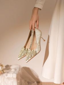 Elegant Pearlescent Champagne Chinese Style High Heels Two-Way Wear Wedding Dress Cheongsam Shoes Fashionable Youth Footwear