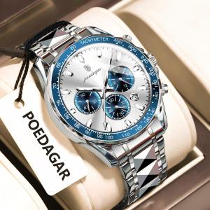 POEDAGAR Luxury Brand Men Watch Waterproof Luminous Stainless Steel Mens Watches Chronograph Date Quartz Business Watch For Man