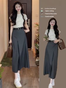 Summer Tea Color Half Skirt Set Womens Fashion Anti-Aging Clothing High Waist A-Line Dress Short Sleeve round Neck Two-Piece Set