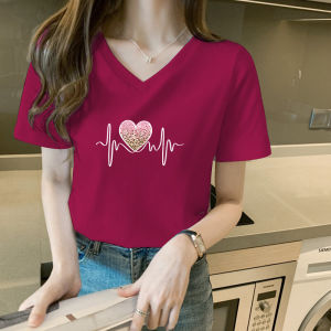 Red Dragon Fruit Short Sleeve T-Shirt Women Summer New Chicken Heart V-neck Loose Slimming Shoulder Love Heart Top Korean Style