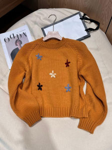 Ladies Fashionable Long Sleeve Knitted Sweater Embroidered Flowers Loose Design Short Style Autumn Winter Trendy Top