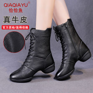 Chacha Fish Womens Dance Shoes Soft Bottom Genuine Leather Square Dancing Shoes Autumn Winter Style Fitness Sport Shoes