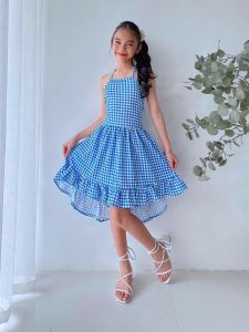Girls Gingham Halter High Low Dress | Kids Plaid Backless Ruffle Dress | Korean Fashion Dress for Girls 7–10 Years Old