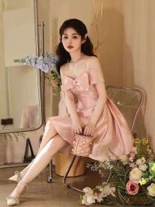 Pink French Style Mini Dress Belted Slimming A-Line Gown Casual High Waist Polyester Fiber Short Sleeve Slim Fit Zipper